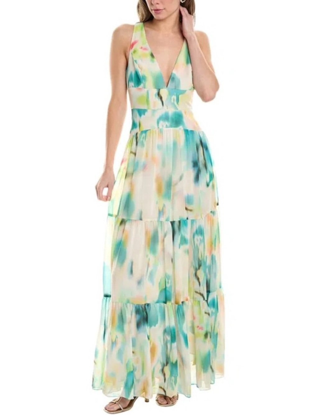 Liv Foster Sleeveless V-Neck Maxi Dress in Green & Cream Watercolor Print NWT 4